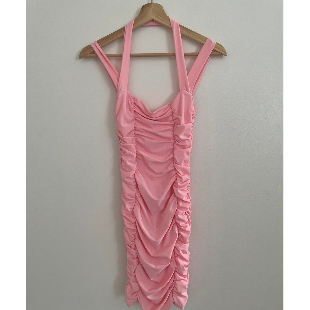 Tiger Mist Ruched Mini Dress Women XS Pink Halter Bodycon Soft Girl Coquette